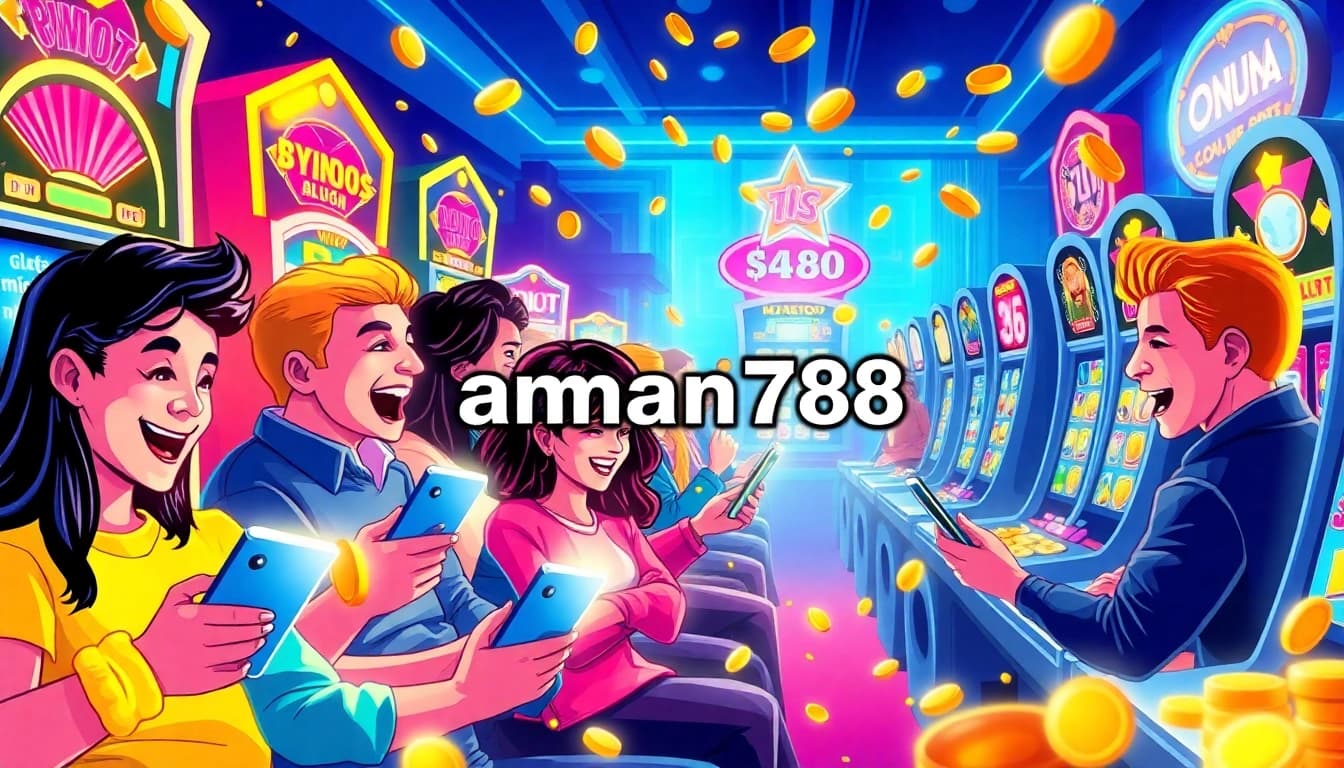 A dynamic online gaming scene featuring players enjoying slots inspired by aman788, showcasing excitement and bright neon colors.