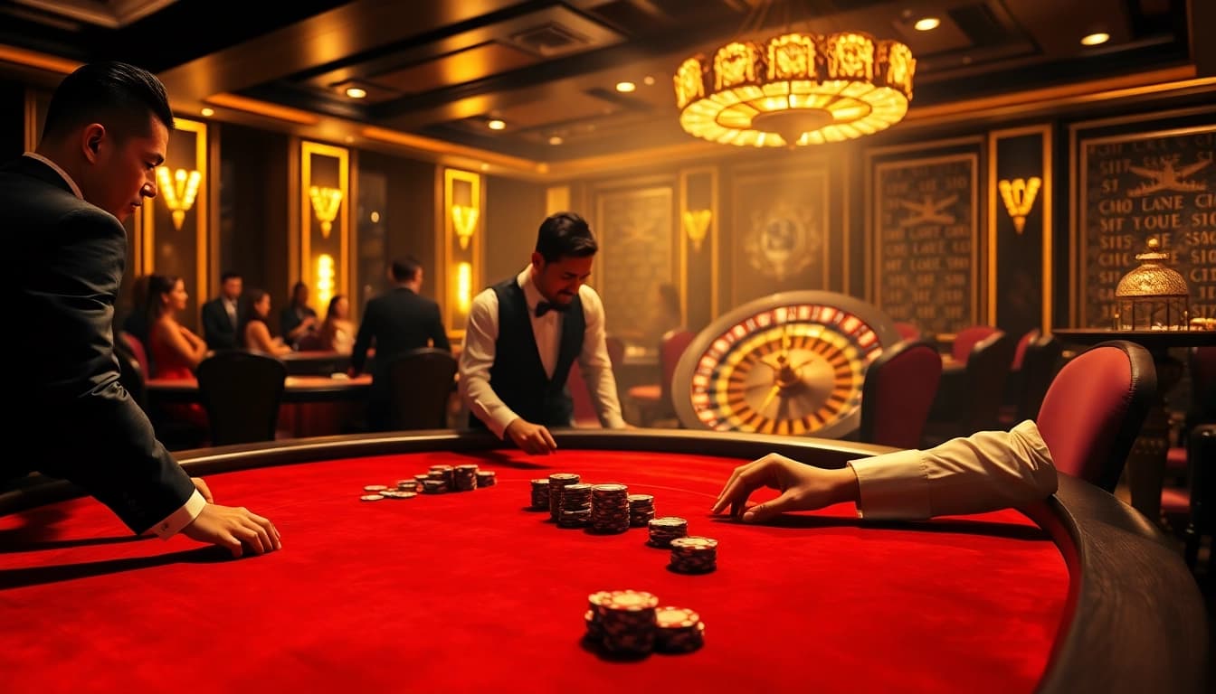 Players at the high-stakes dh88 poker table experience thrilling action amidst luxurious surroundings.