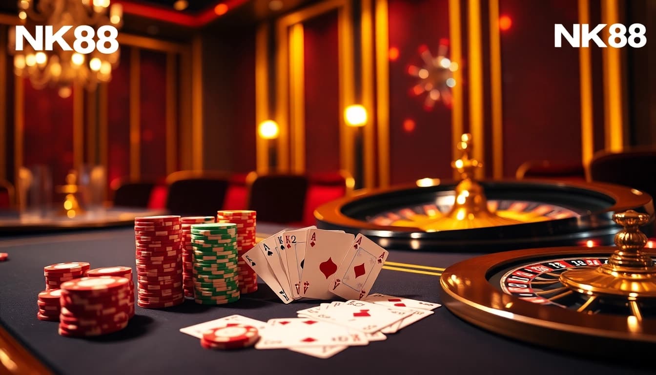Experience the excitement of gaming at NK88's luxurious online casino, featuring poker and roulette.