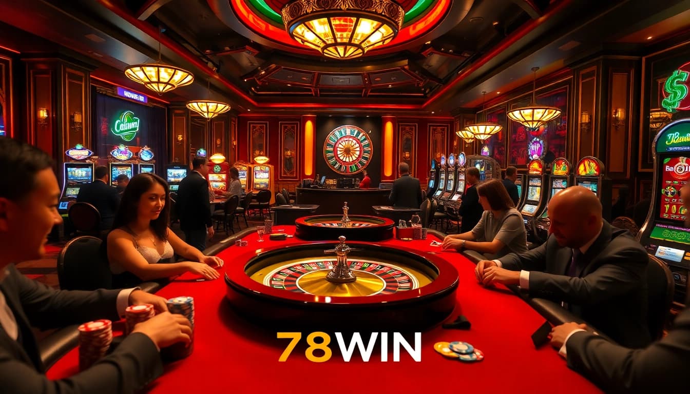Exciting casino scene at 78WIN showcasing vibrant poker gameplay and luxurious atmosphere.