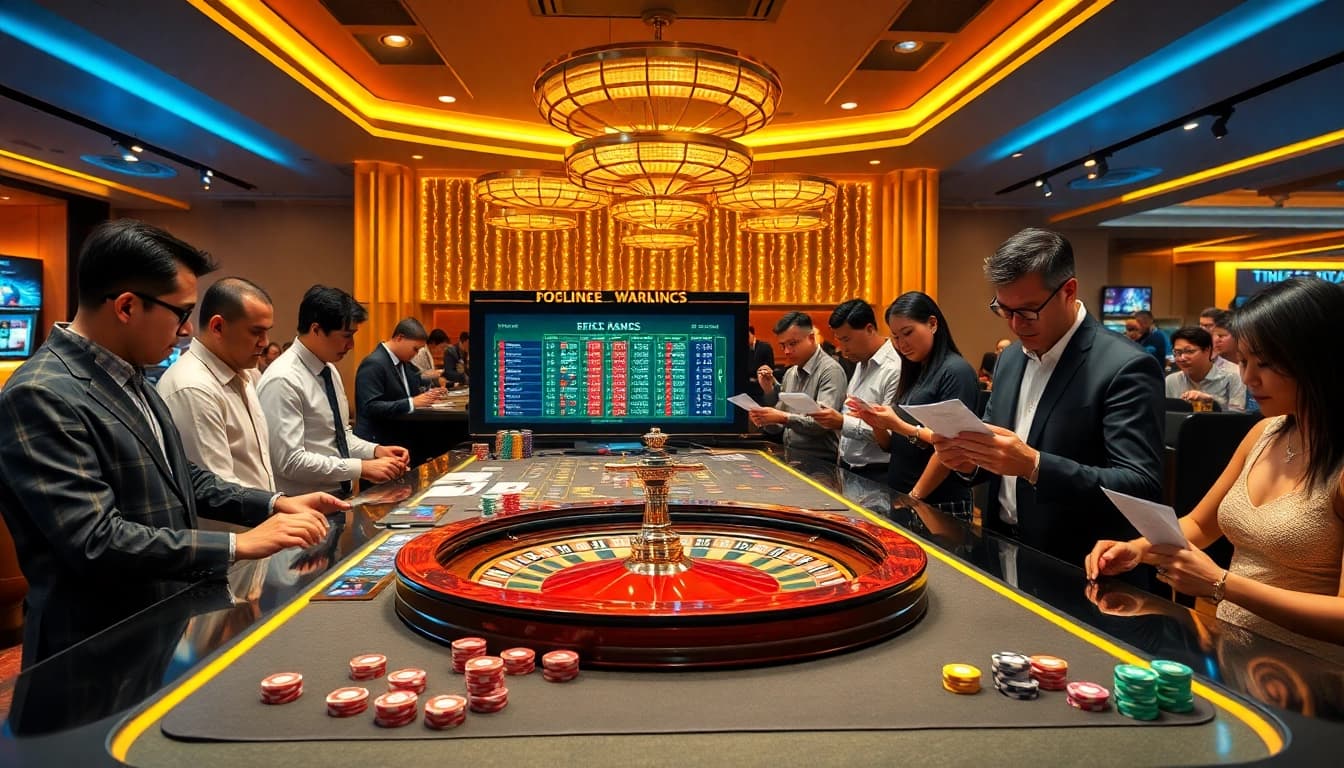 Tỷ lệ kèo bóng đá displayed on an elegant betting table in a vibrant casino scene.