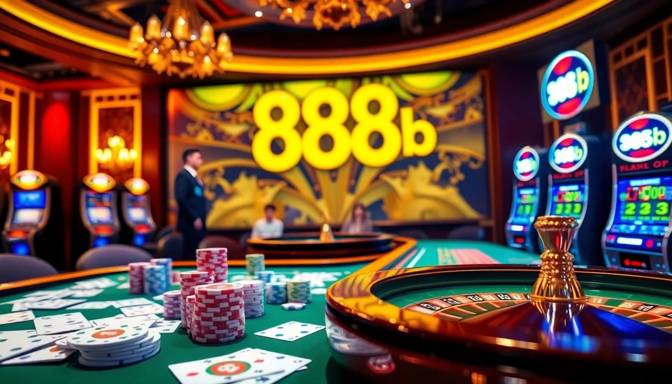 Experience the thrill of online gambling with 888b, featuring vibrant game tables and engaging casino graphics.