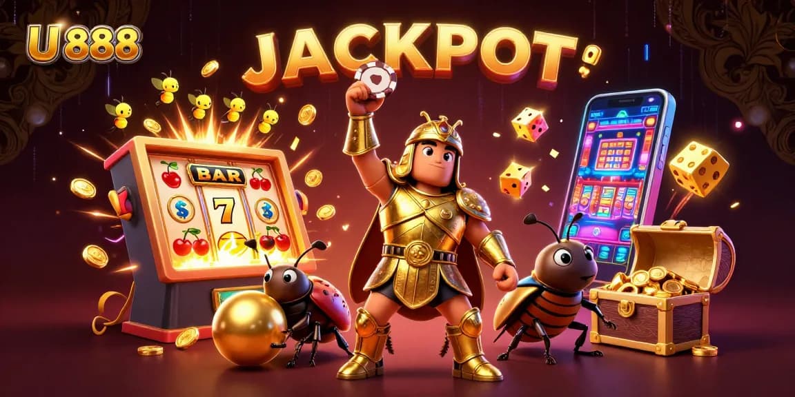 Join U 888 in a thrilling jackpot scene with vibrant casino elements and winning energy.