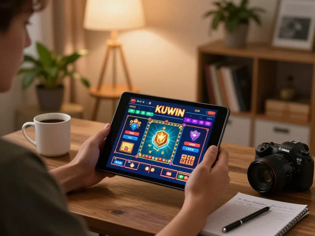Kuwin online gaming session with tablet showing vibrant casino interface and cozy home setup