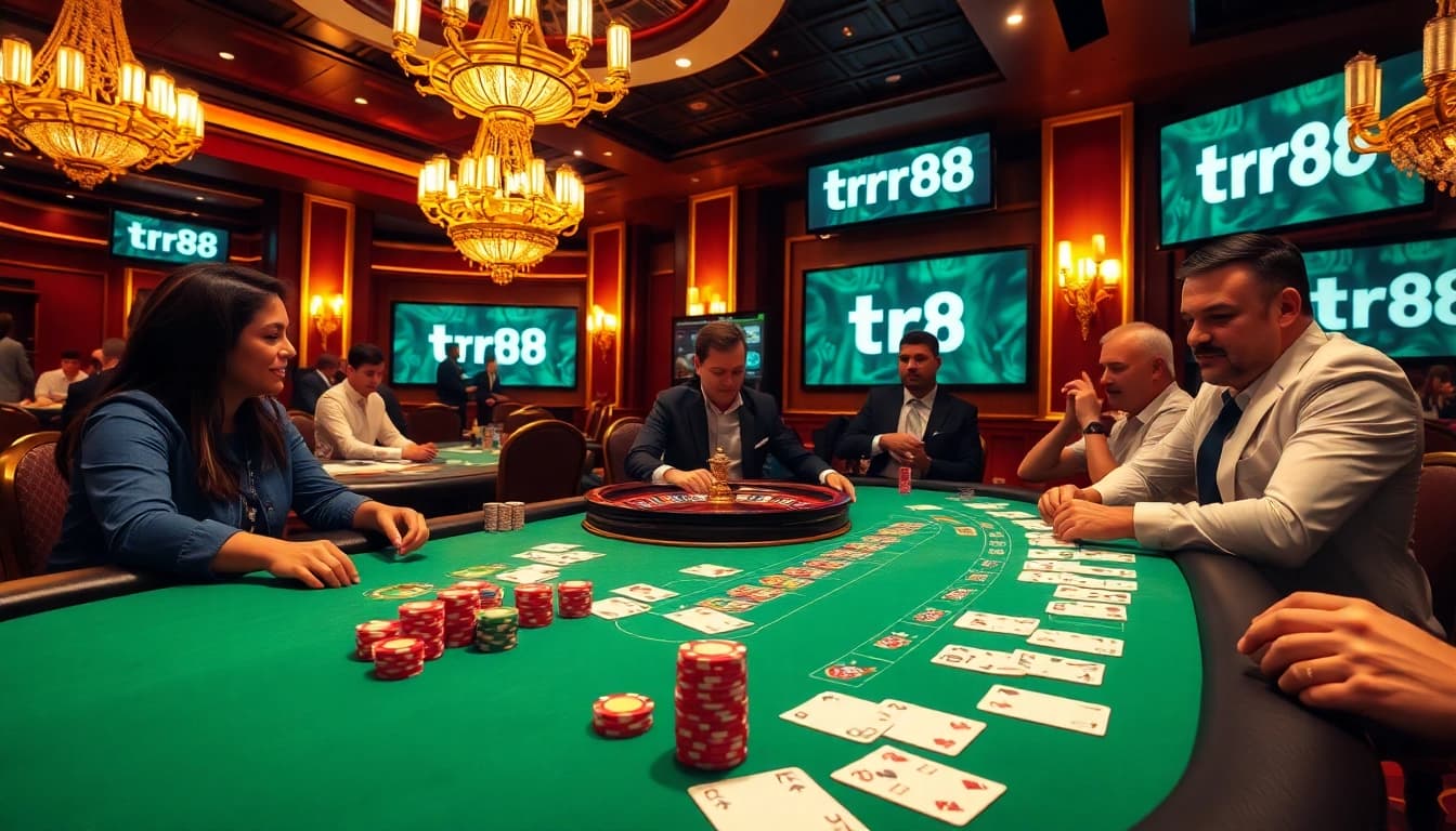 Experience thrilling poker action at tr88 with vibrant chips, cards, and a luxurious casino backdrop.