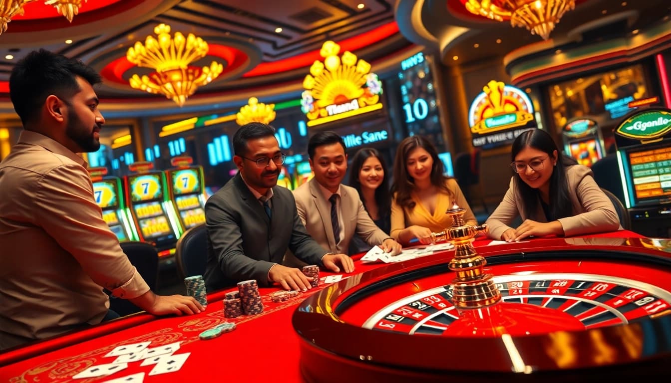 Players enjoying the game vip88 at a vibrant casino table with poker chips and cards.