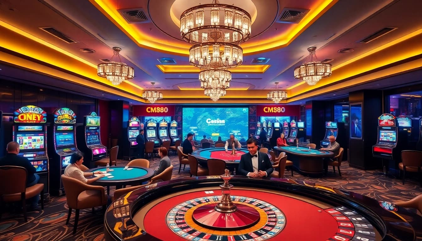 Players enjoying high-stakes games at nhà cái CM88's luxurious casino, showcasing thrilling gambling action.