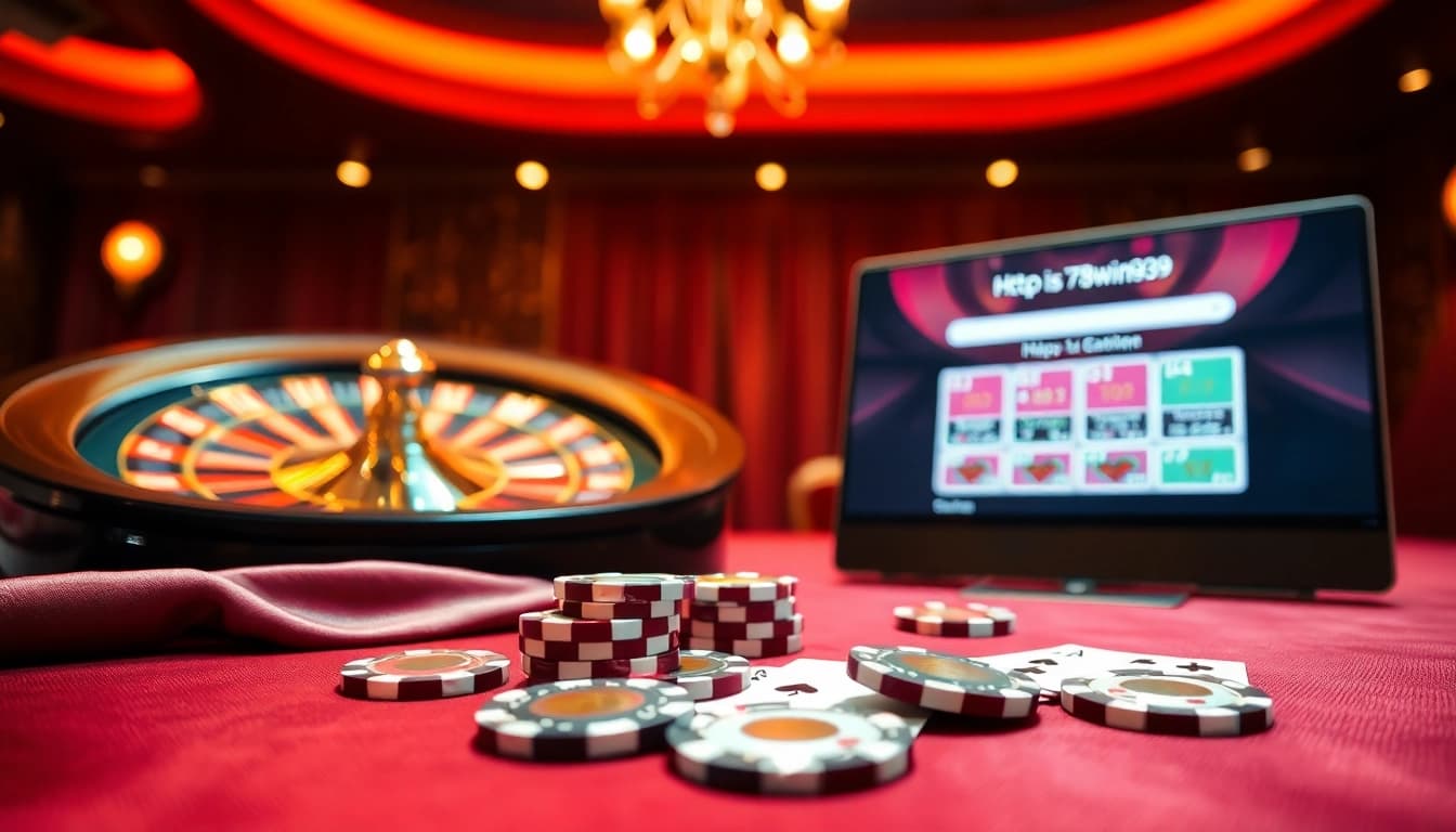 The casino atmosphere showcasing excitement with roulette and poker tables, highlighting https://789win939.com/ for thrilling betting.