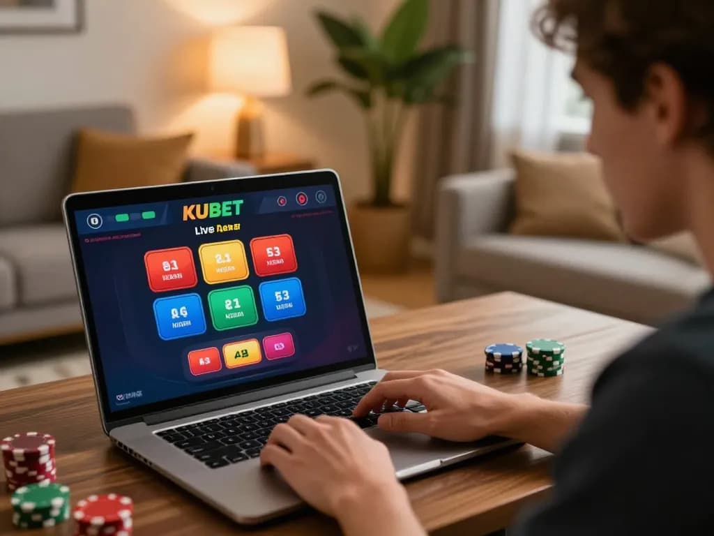 KUBET player engaging strategically at live dealer blackjack game on laptop, warm home atmosphere.