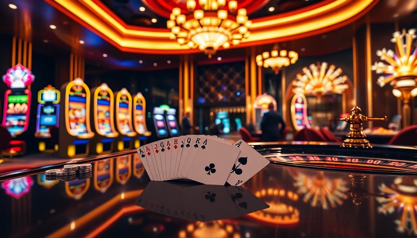 Gamble with excitement at https://luck8.hu.net/, showcasing a vibrant casino scene with poker chips and slot machines.