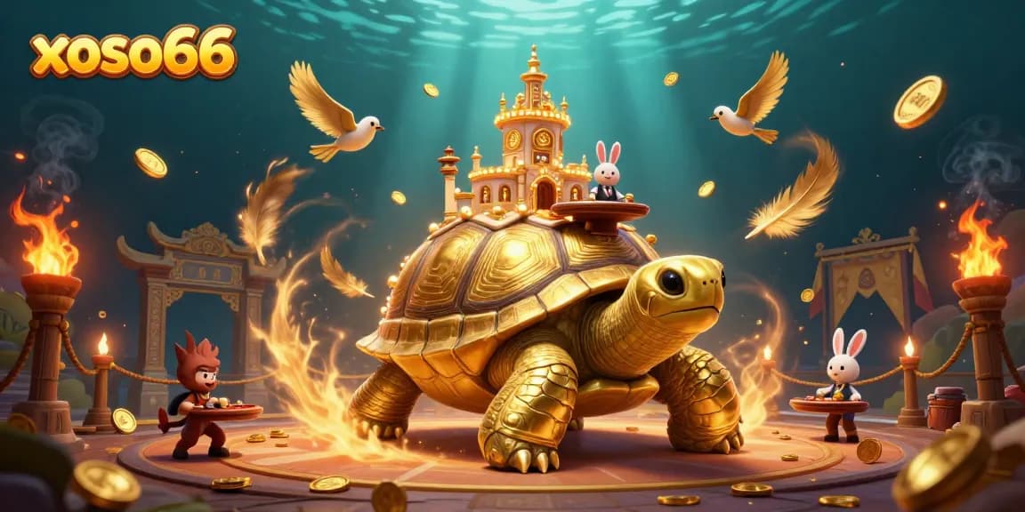 xoso66 offers an exciting gaming experience featuring a golden tortoise casino scene with a rabbit dealer.