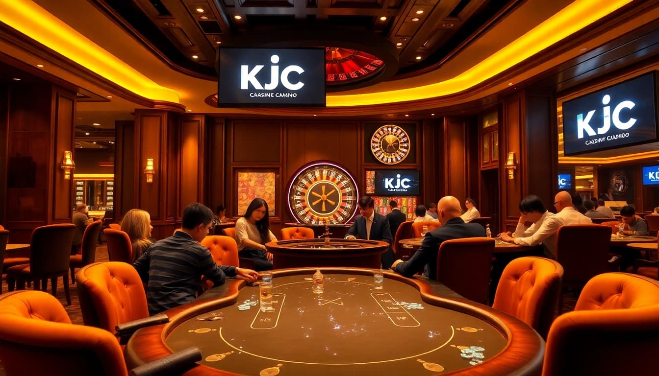 Players engaging in high-stakes poker at KJC casino, surrounded by luxury and excitement.