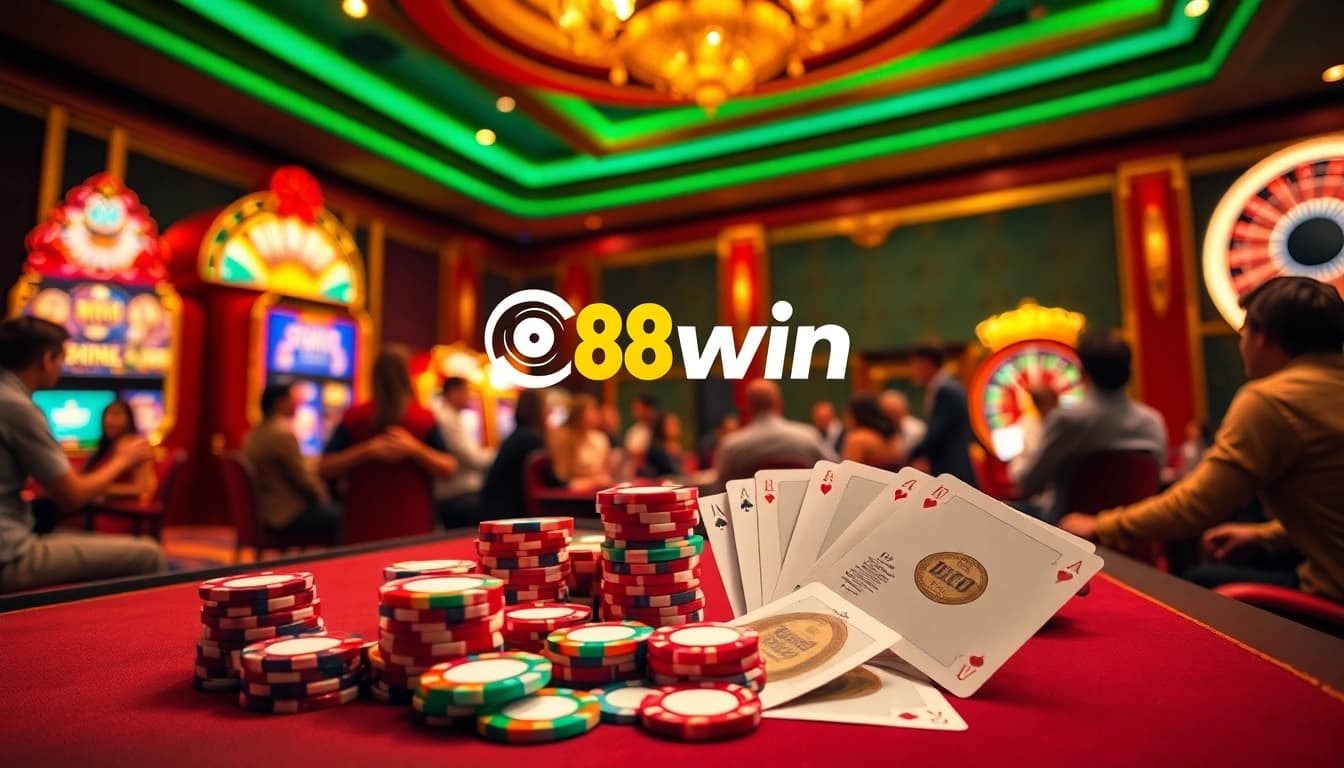 Experience the thrill of gambling at a 98win casino, featuring vibrant poker tables and slot machines.