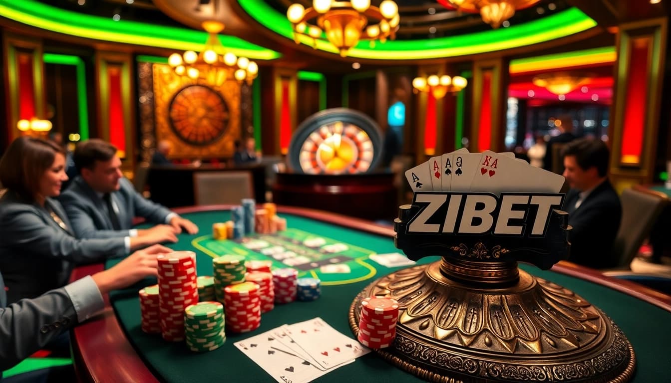 ZBET poker chip stacks highlighted on an exciting casino table environment.