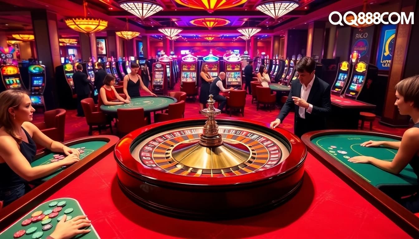 Experience the thrill of winning at QQ88COM with dynamic casino tables and colorful chips.