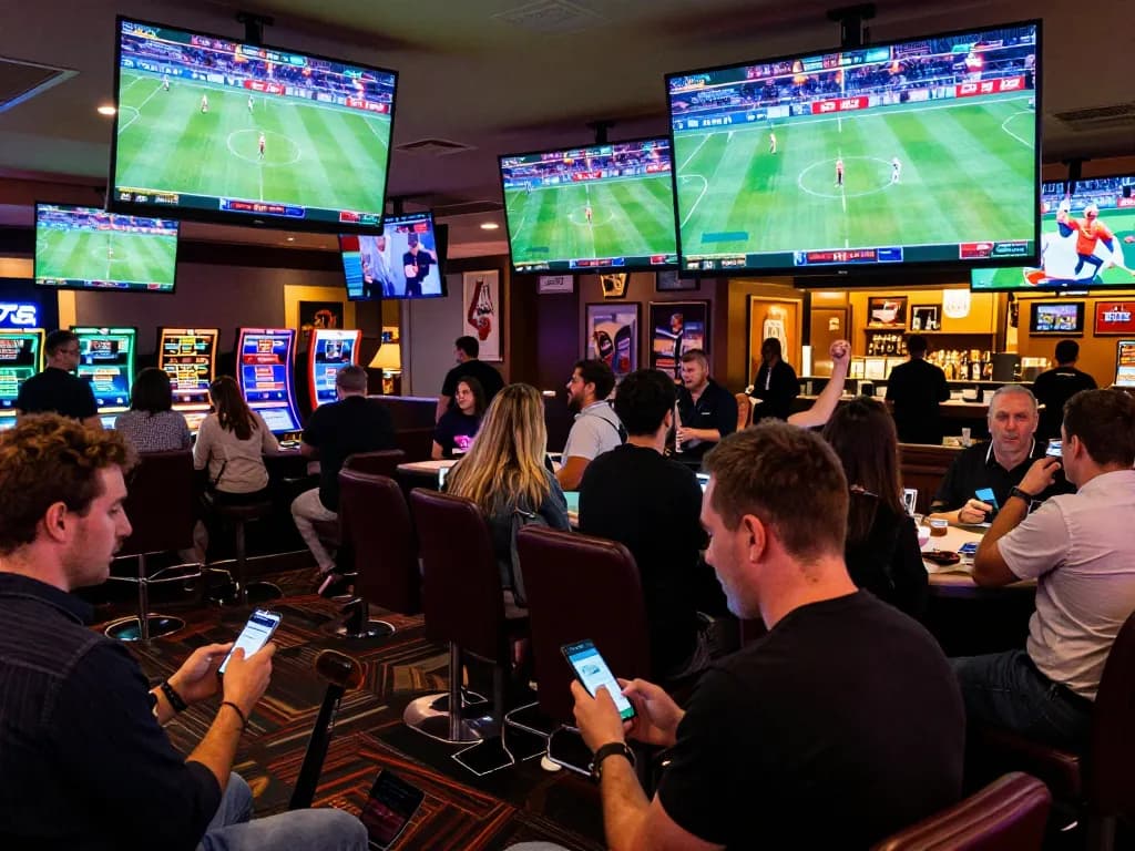 Patrons engaging in sports betting at hitclub casino, celebrating wins while checking odds