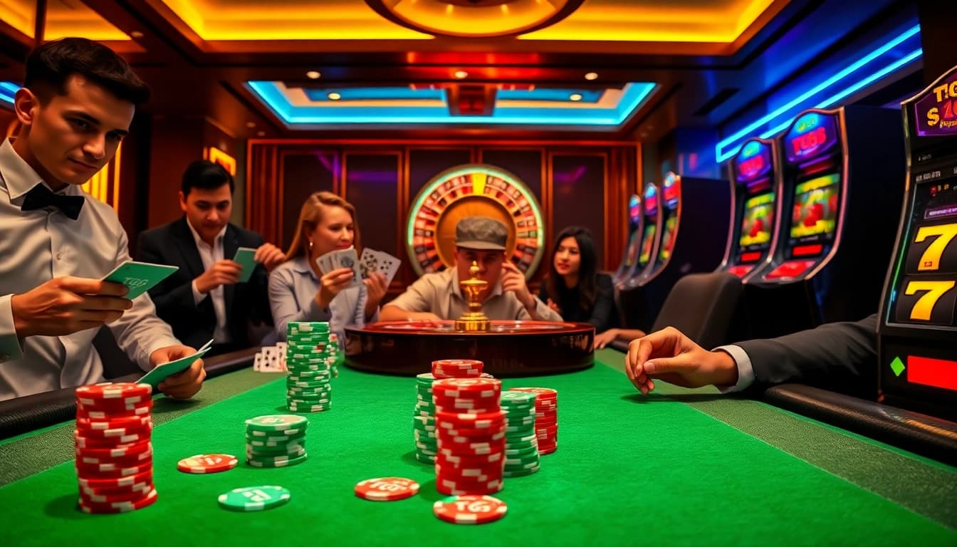 Players strategizing around a TG88 poker table loaded with chips and cards in a premium casino setting