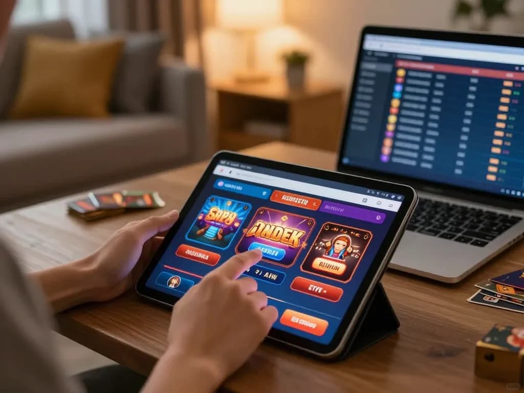 Player using Lô Đề Uy Tín app on tablet for online gaming in a cozy living room setting.