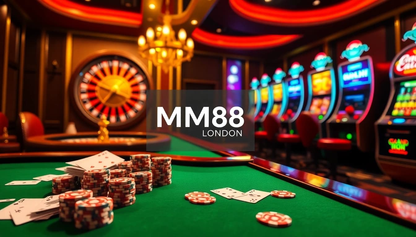 Experience the thrilling atmosphere of MM88.london with poker chips and roulette excitement.