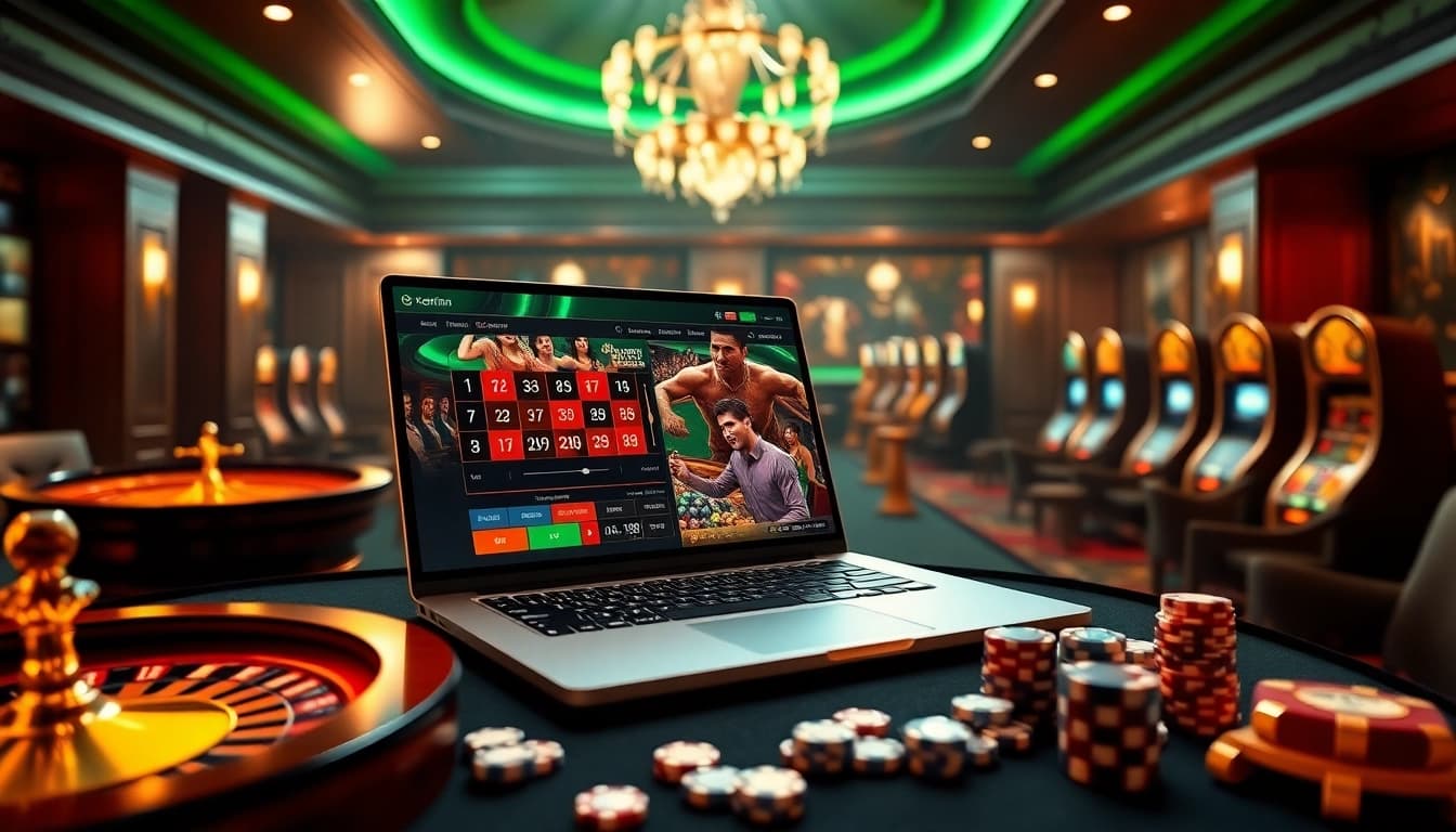 Experience the thrill of online gambling at e28 my with a luxurious casino setting filled with vibrant gaming elements.