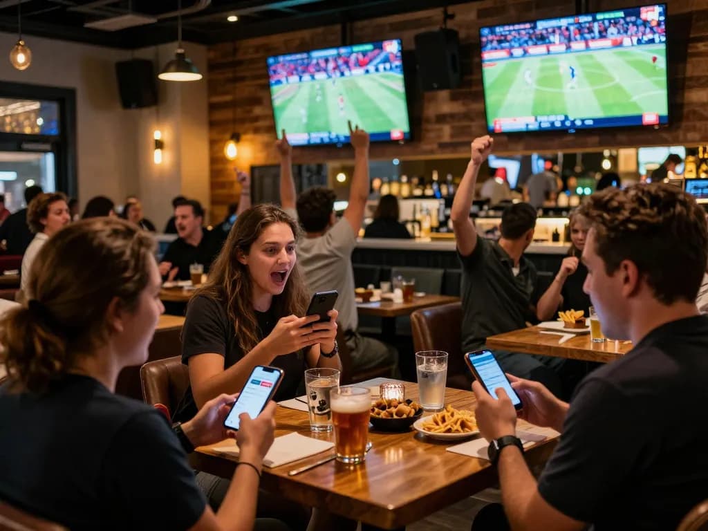 Engaging in f168 game promotions while cheering for live sports at a vibrant sports bar.
