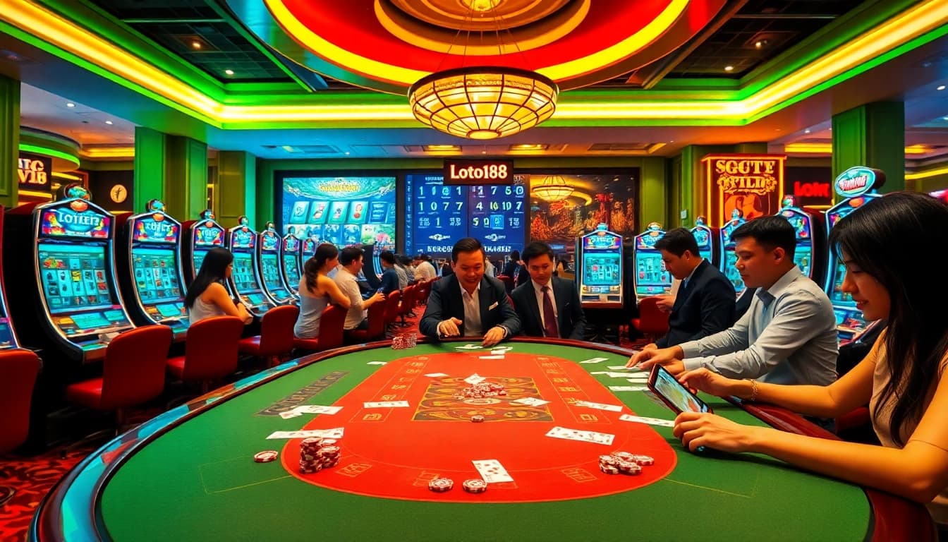 Loto188 players experiencing excitement at a vibrant casino table with engaging slot machines.