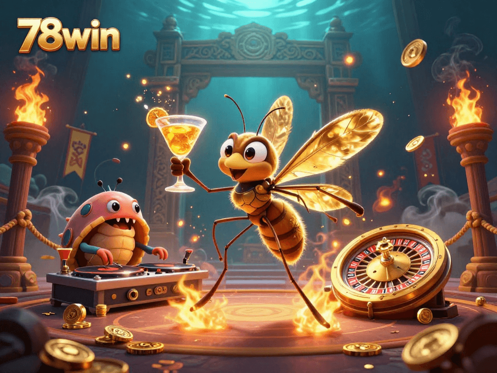 Experience the thrill of 78win as a vibrant scene with animated casino mascots and dynamic game elements.