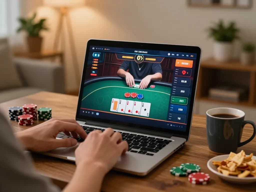 Engaging in an online poker game at https://da88at.com/ while relaxing at home with snacks.