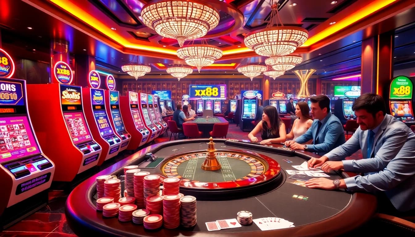 Exciting gambling action at xx88 casino with vibrant slots, poker tables, and players engaged in games.