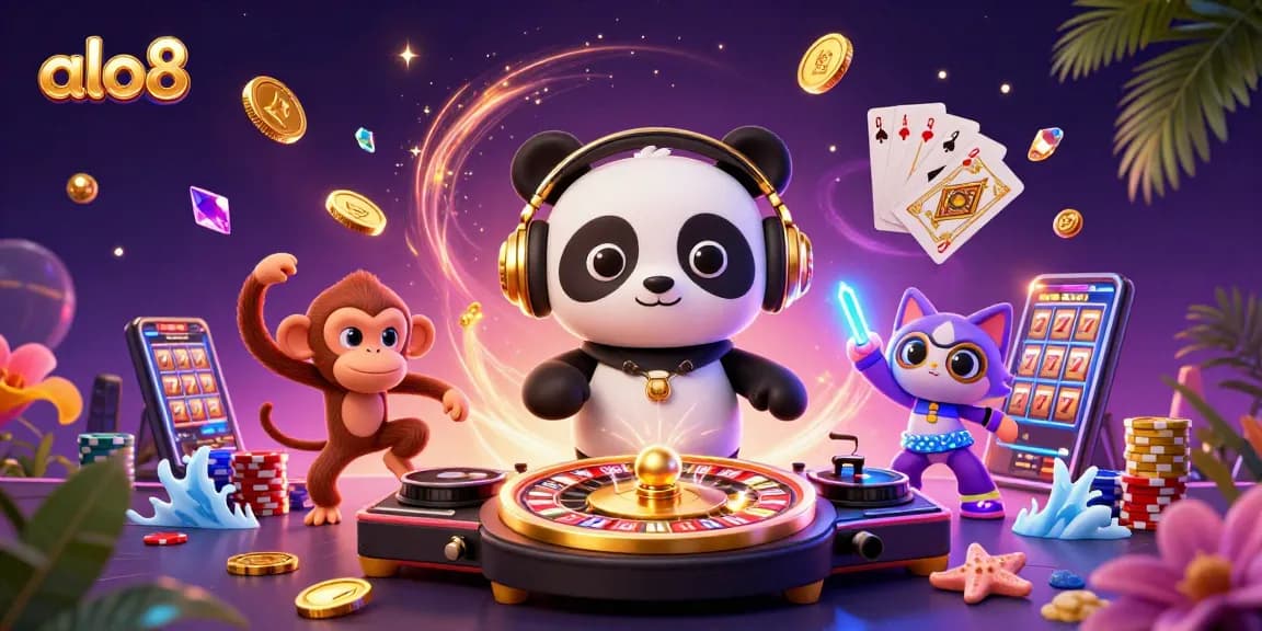 Experience excitement at alo8 with a lively 3D casino scene showcasing vibrant characters and popular games.