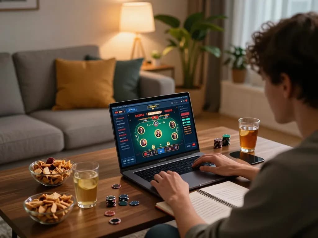 Engaging in online casino gaming at home using https://go8.agency/ for poker strategies and fun gameplay.