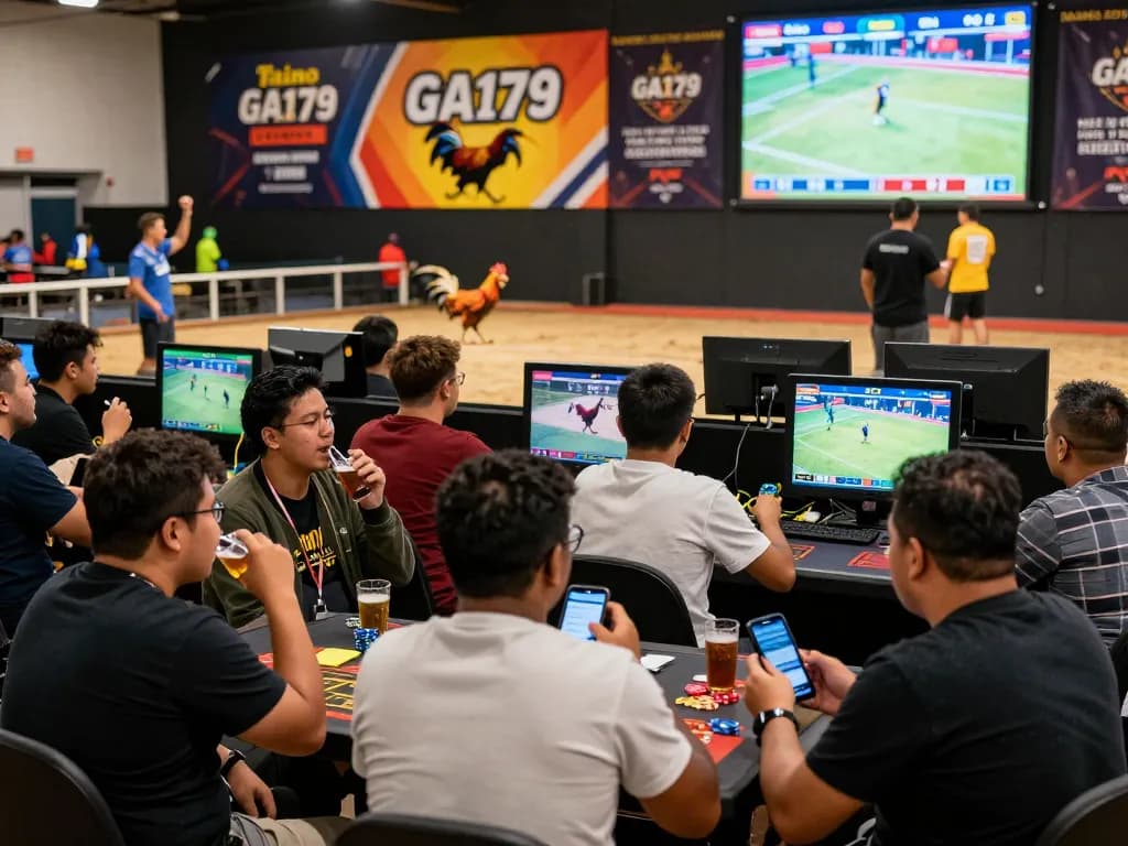 Exciting live betting atmosphere at GA179.com featuring enthusiastic gamblers and cockfighting