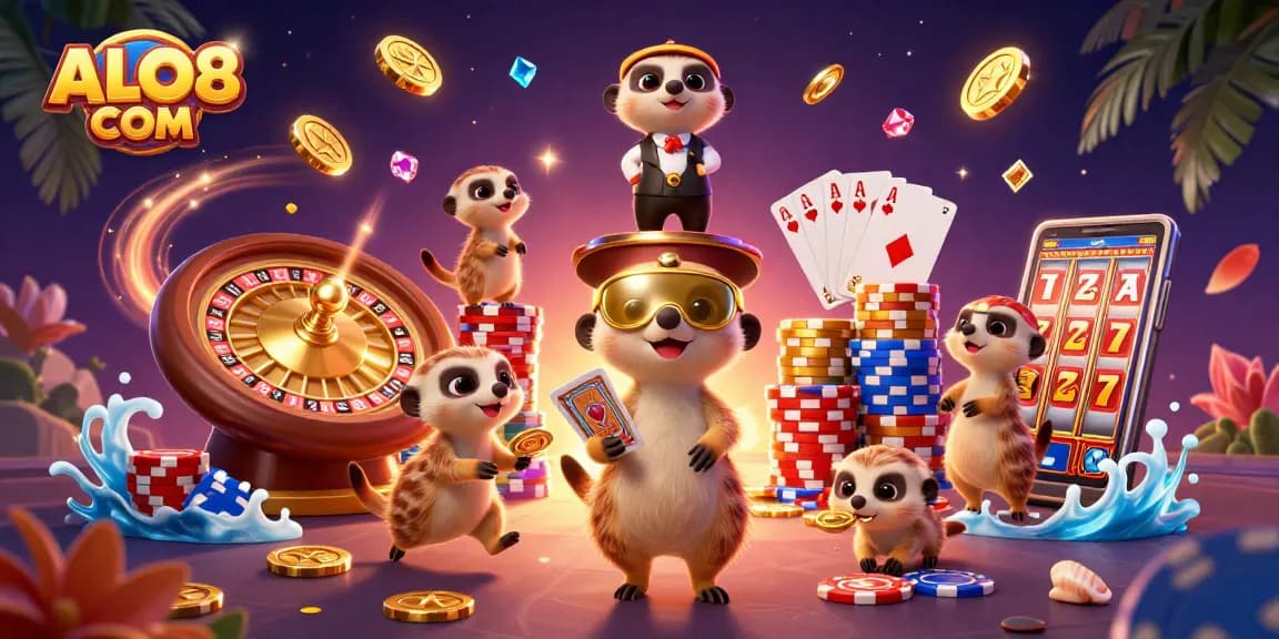 Experience thrilling gameplay at ALO8 COM with dynamic casino action featuring meerkats and vibrant game elements.