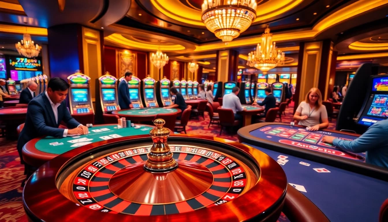Experience the thrill of 79KING as players engage at the vibrant roulette tables and slots.