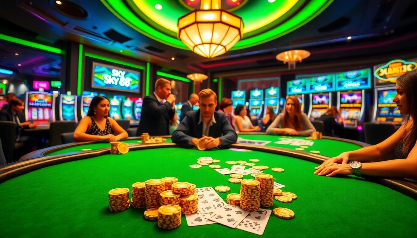 Sky88 players enjoying thrilling gaming experiences at luxurious casino tables with vibrant slot machines.