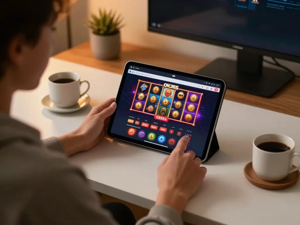 Engaged user playing OK365 online casino app on tablet at home, showcasing responsible gaming atmosphere.