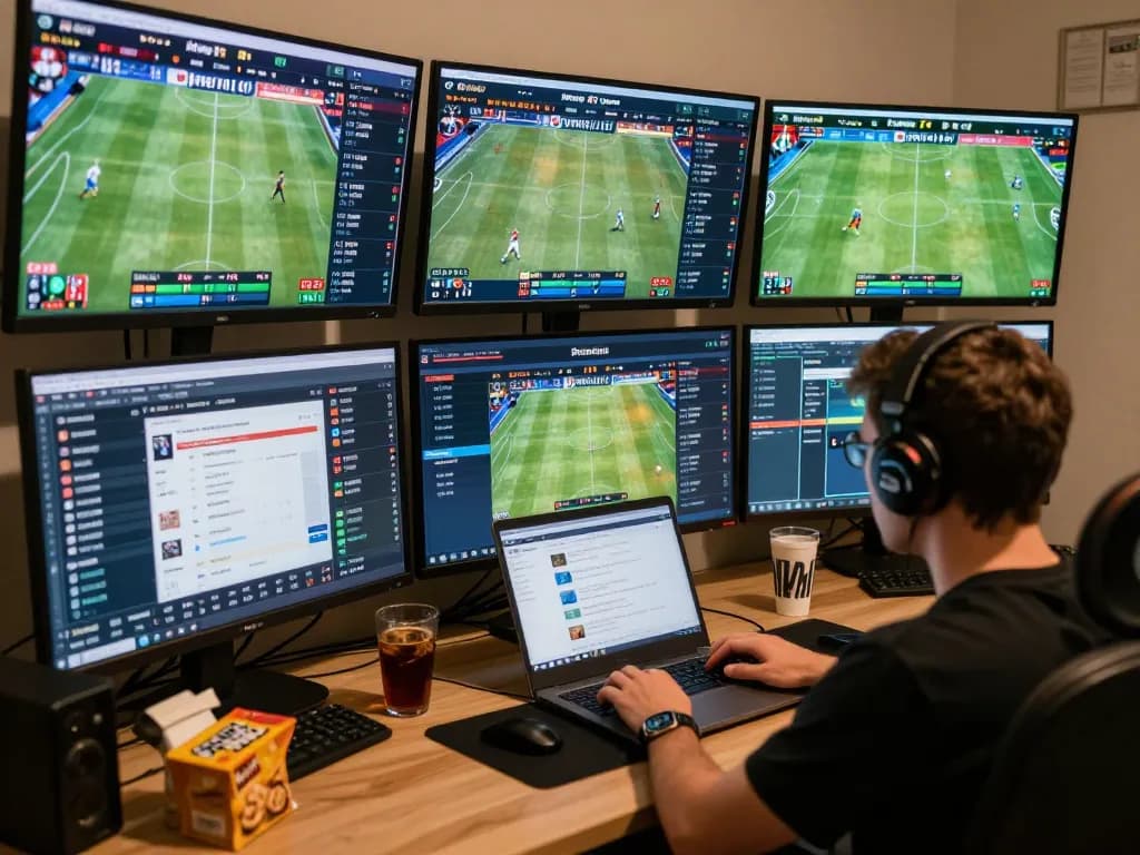 Engaging sports betting scene showcasing keo nha cai insights on various device screens while enjoying a casual setting.