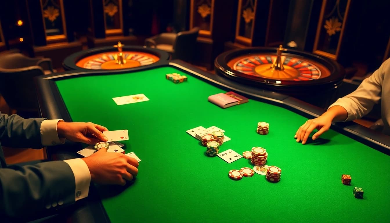 Engage in high-stakes action at the 7M casino poker table with vibrant chips and skilled players.