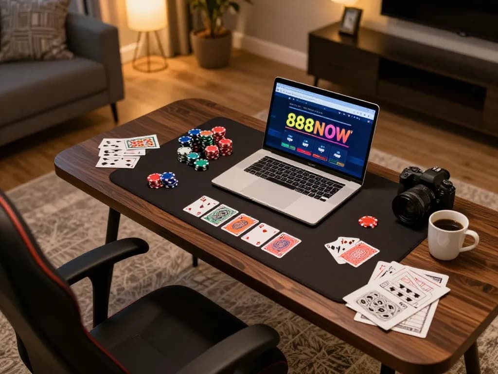Playing casino games with 888NOW on a sleek laptop at home, showcasing an inviting gaming setup