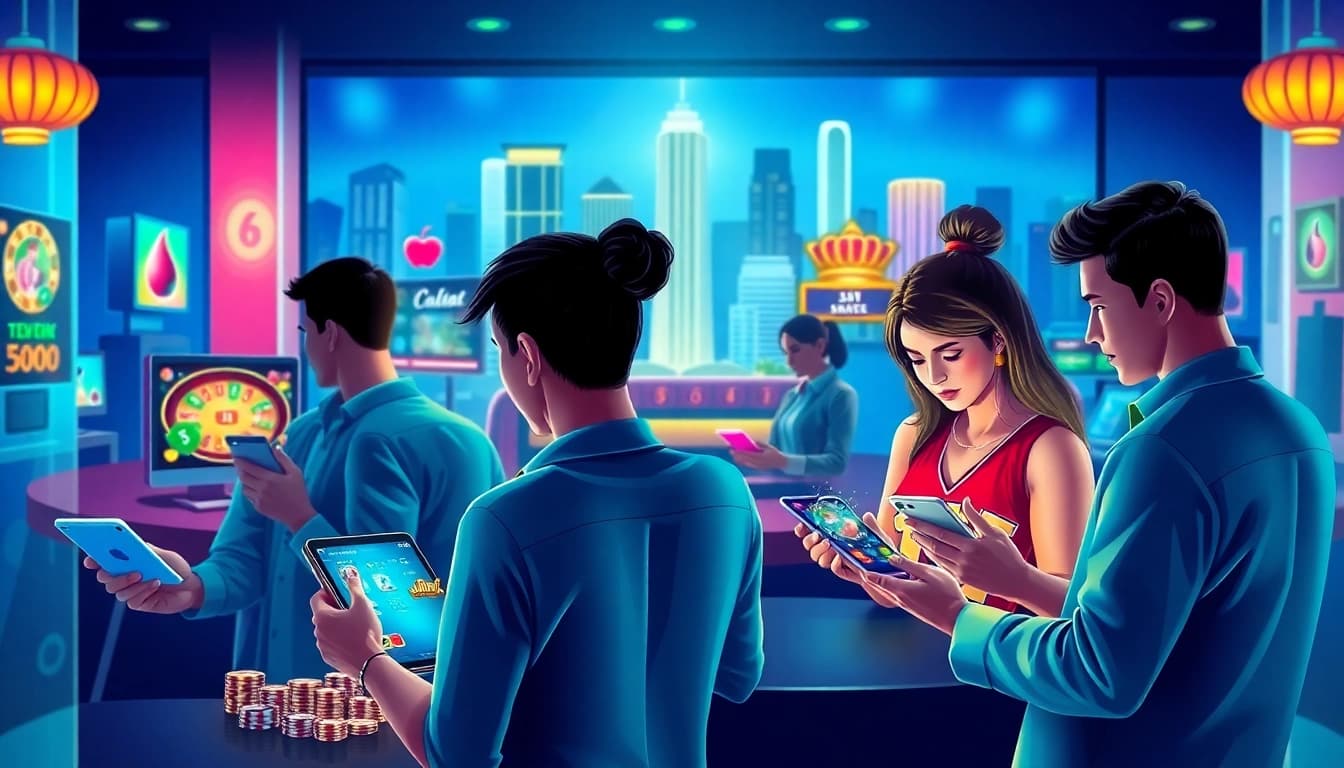 Experience the excitement of gaming at https://go-88.us.com/ with vibrant casino scenes filled with players enjoying mobile gaming.