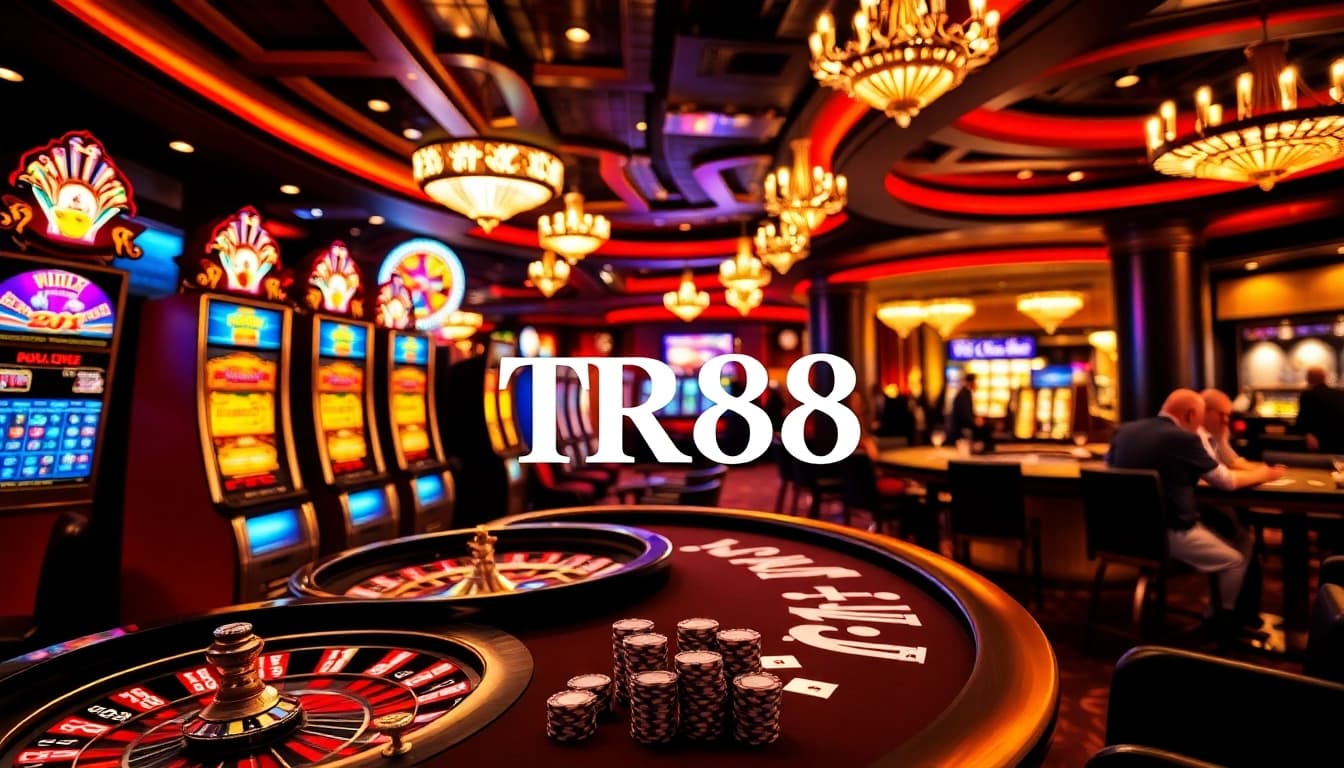Experience high-stakes action as players engage with slot machines and tables at TR88 Casino.