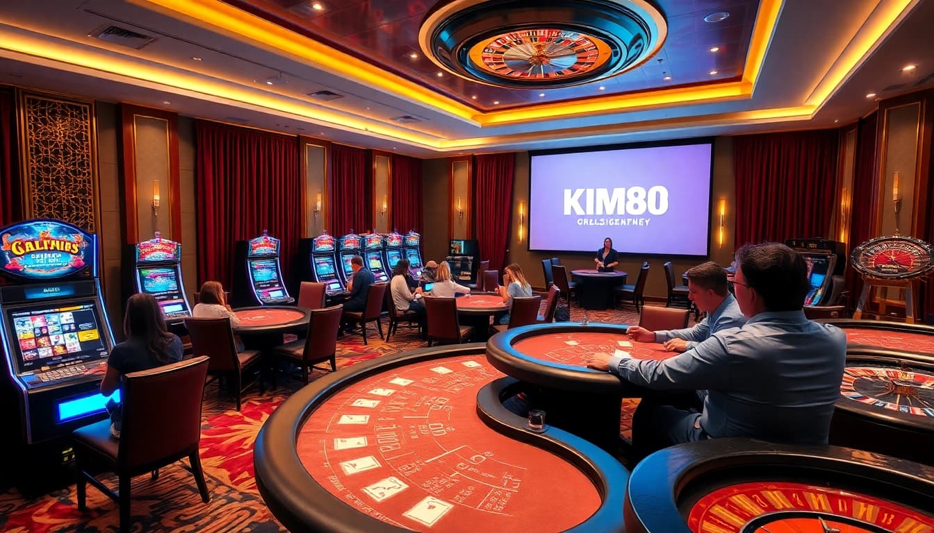 Players enjoying high-stakes poker at KIM88 casino, with vibrant slot machines and roulette in the background.