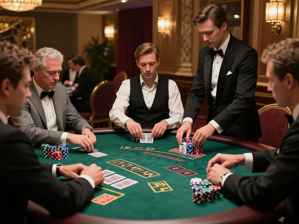 Players engaged in an intense game of blackjack at FC88 casino, showcasing strategic bets and dealer actions.