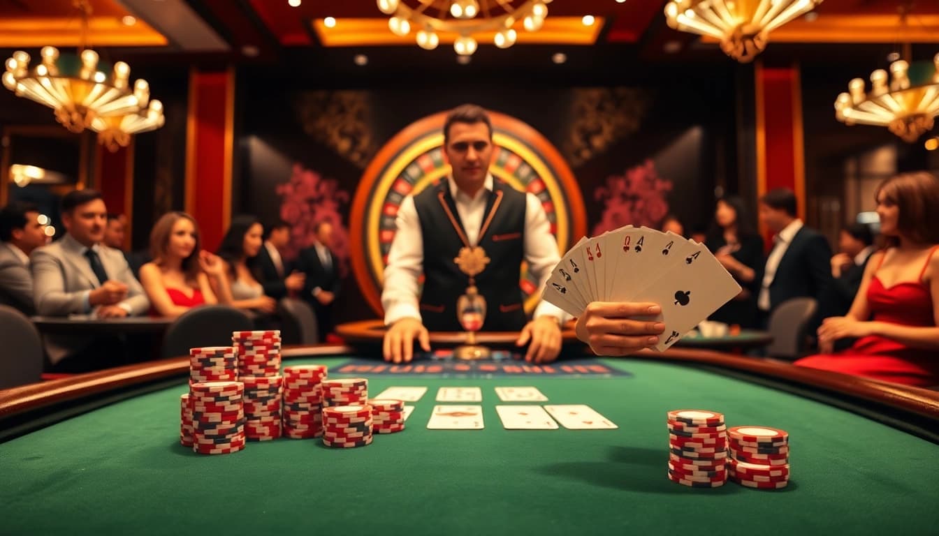 Experience thrilling gameplay at DV88 with a professional dealer at a blackjack table surrounded by excited players.