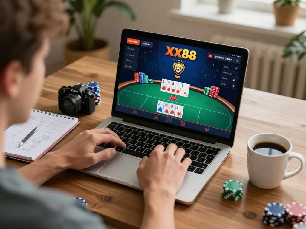 Player enjoying poker on XX88 while analyzing strategies at home.