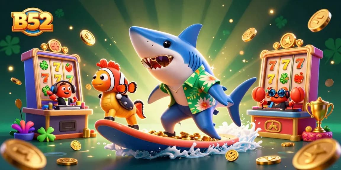 B52 slots and gaming fun with a shark and colorful casino elements in a vibrant 3D scene