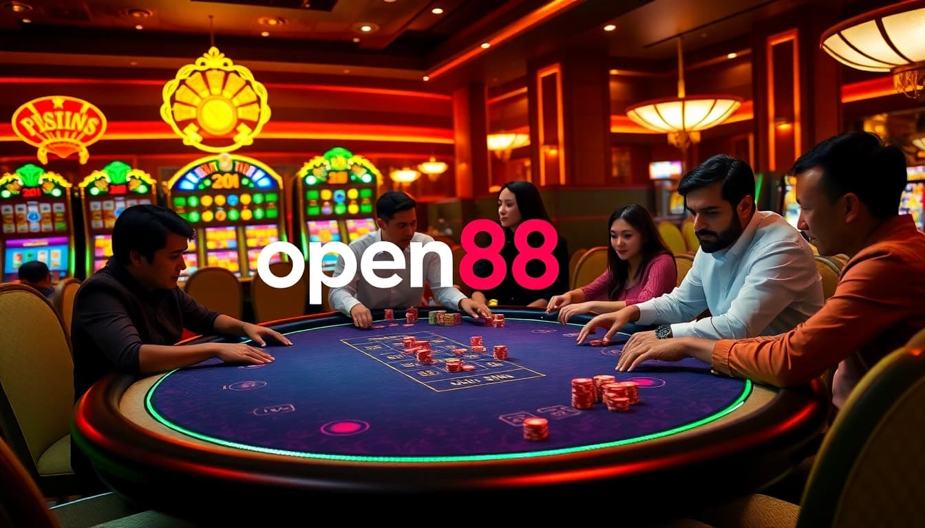Players enjoy poker at Open88's luxurious online casino, showcasing excitement and strategy.