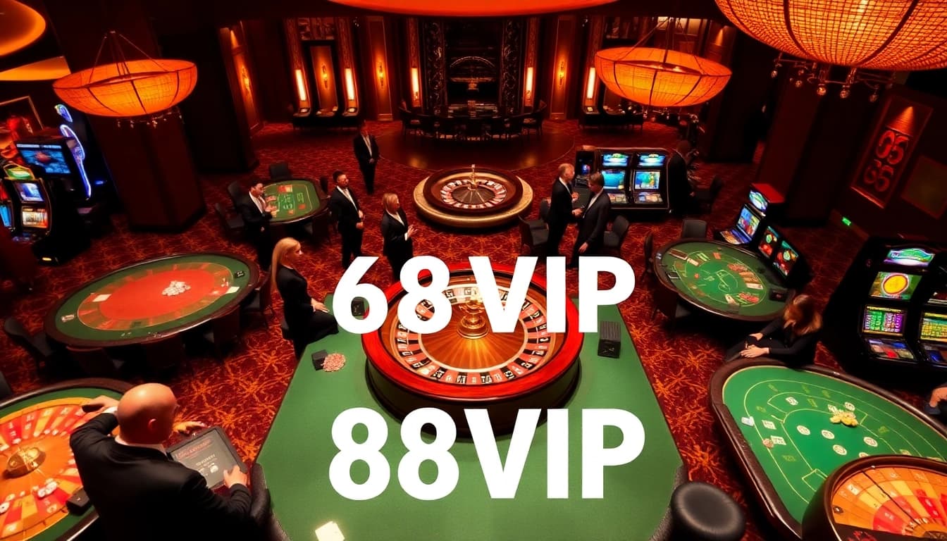 Exciting gambling scene at 68VIP casino with players at roulette and poker tables.