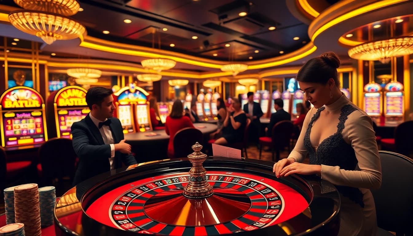 Players enjoying a thrilling game at 8kbet casino with vibrant tables and slot machines.
