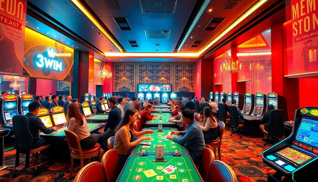 3WIN gaming atmosphere with diverse players at a modern casino, showcasing excitement and innovation.